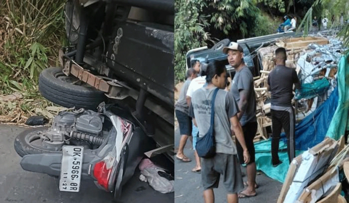 Sebuah Insiden Mobil Terguling Di Tikungan Tajam Buleleng Bali, 1 Pengendara Motor Tertimpa Dan Meninggal Dunia!